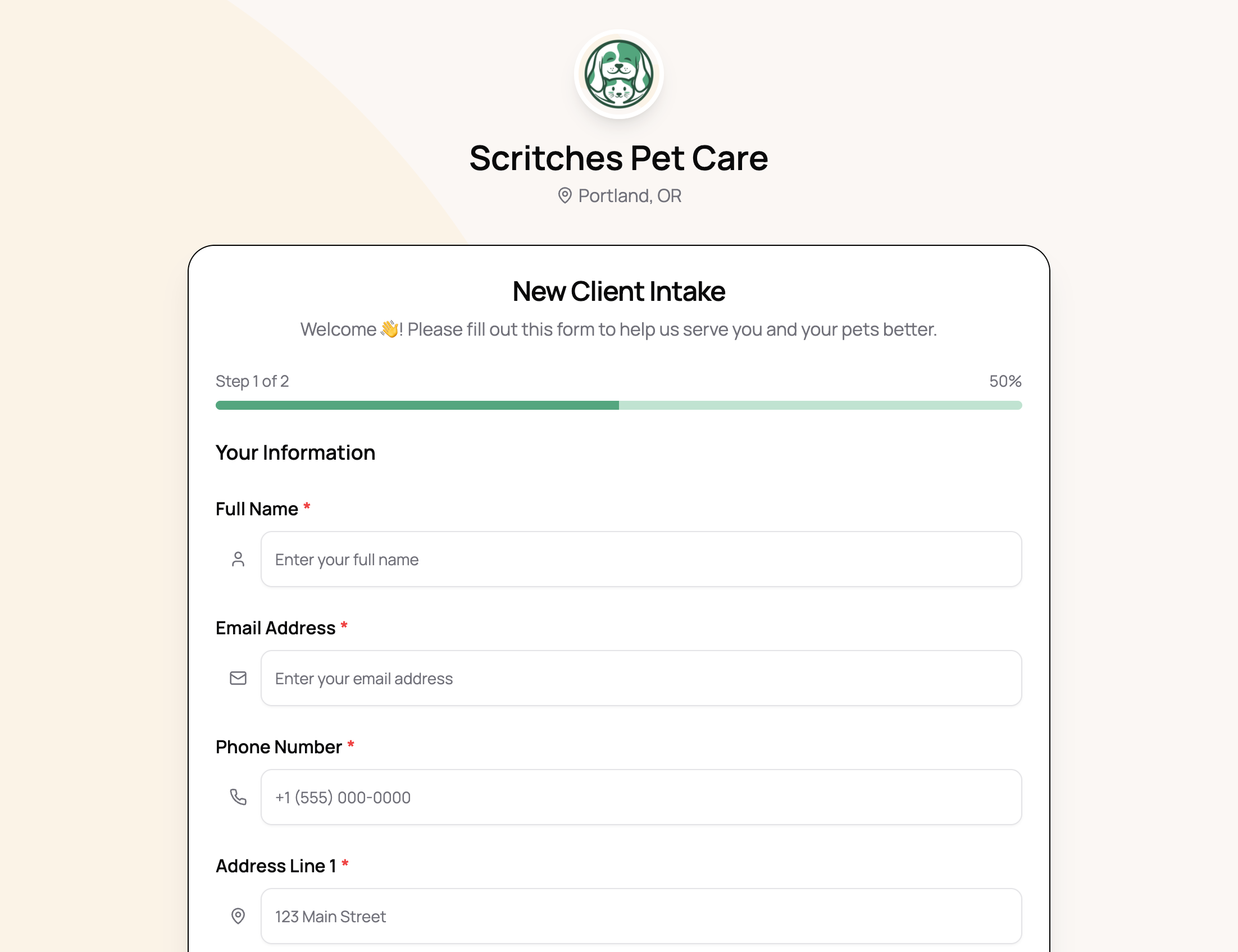 New client intake form
