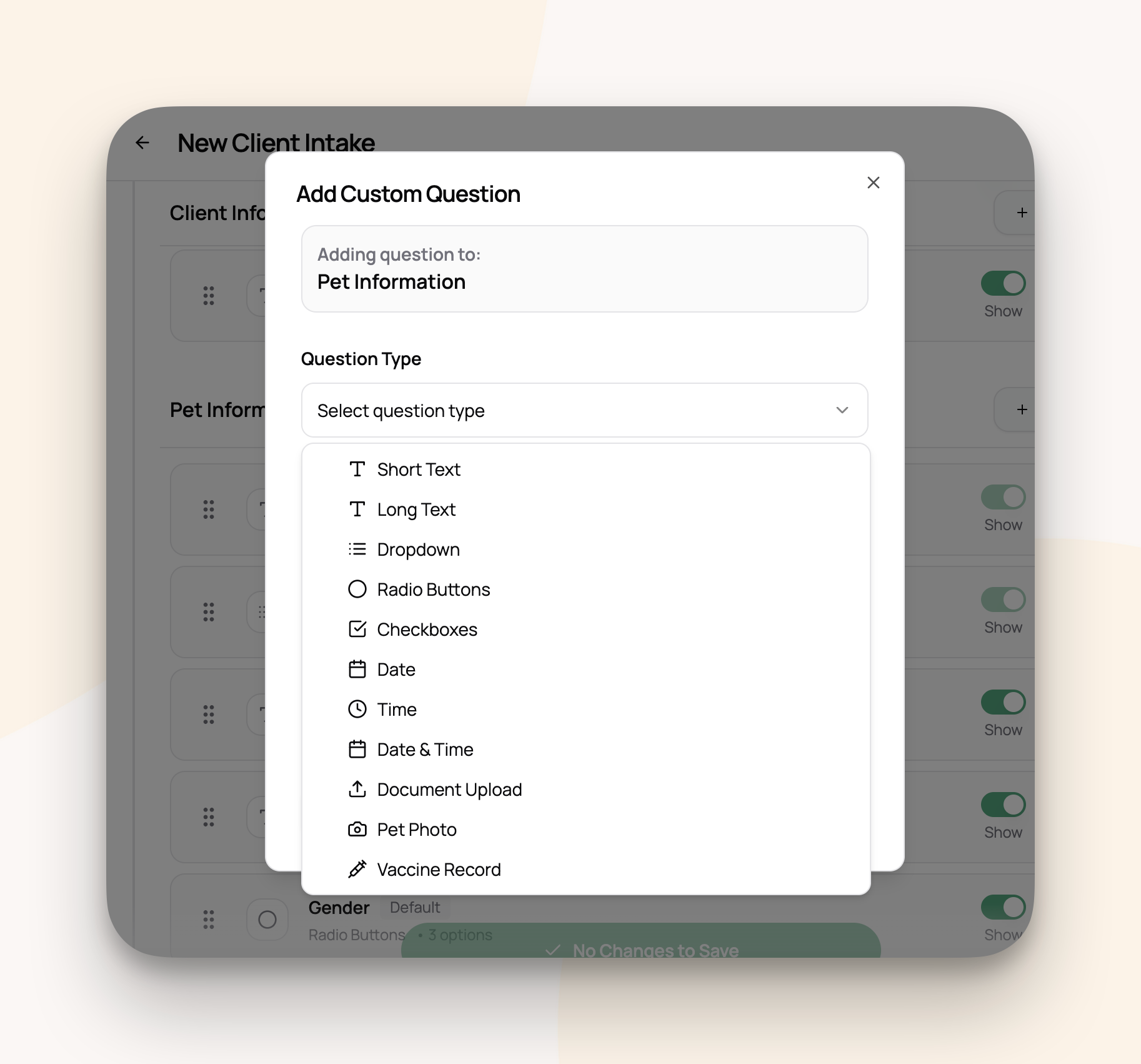 Custom questions for intake forms