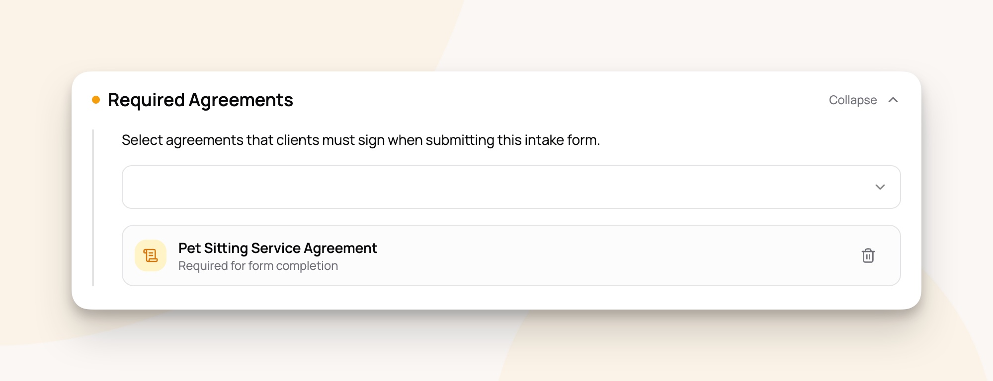 Setting required agreements to sign for intake forms