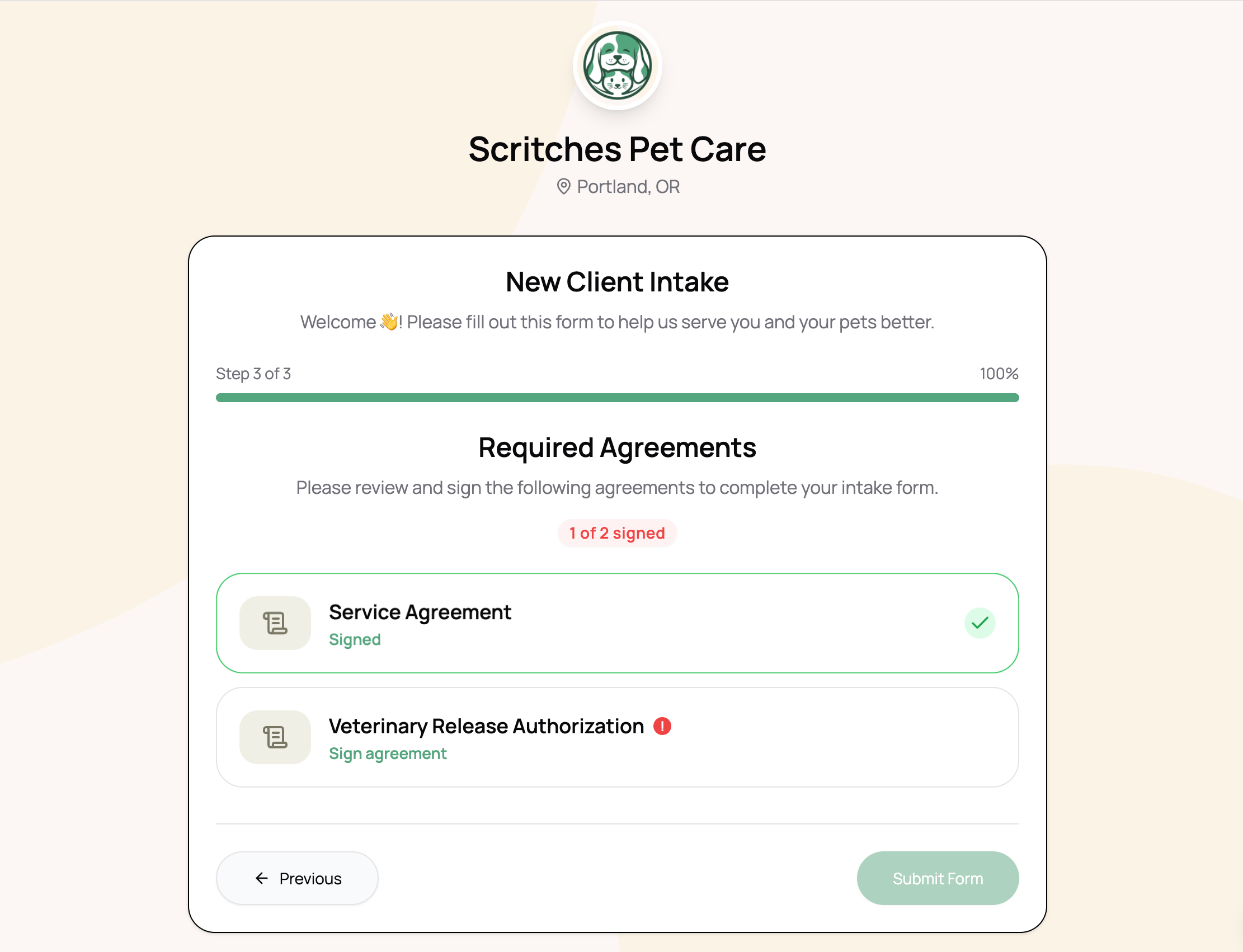 Intake form client view of required agreements to sign