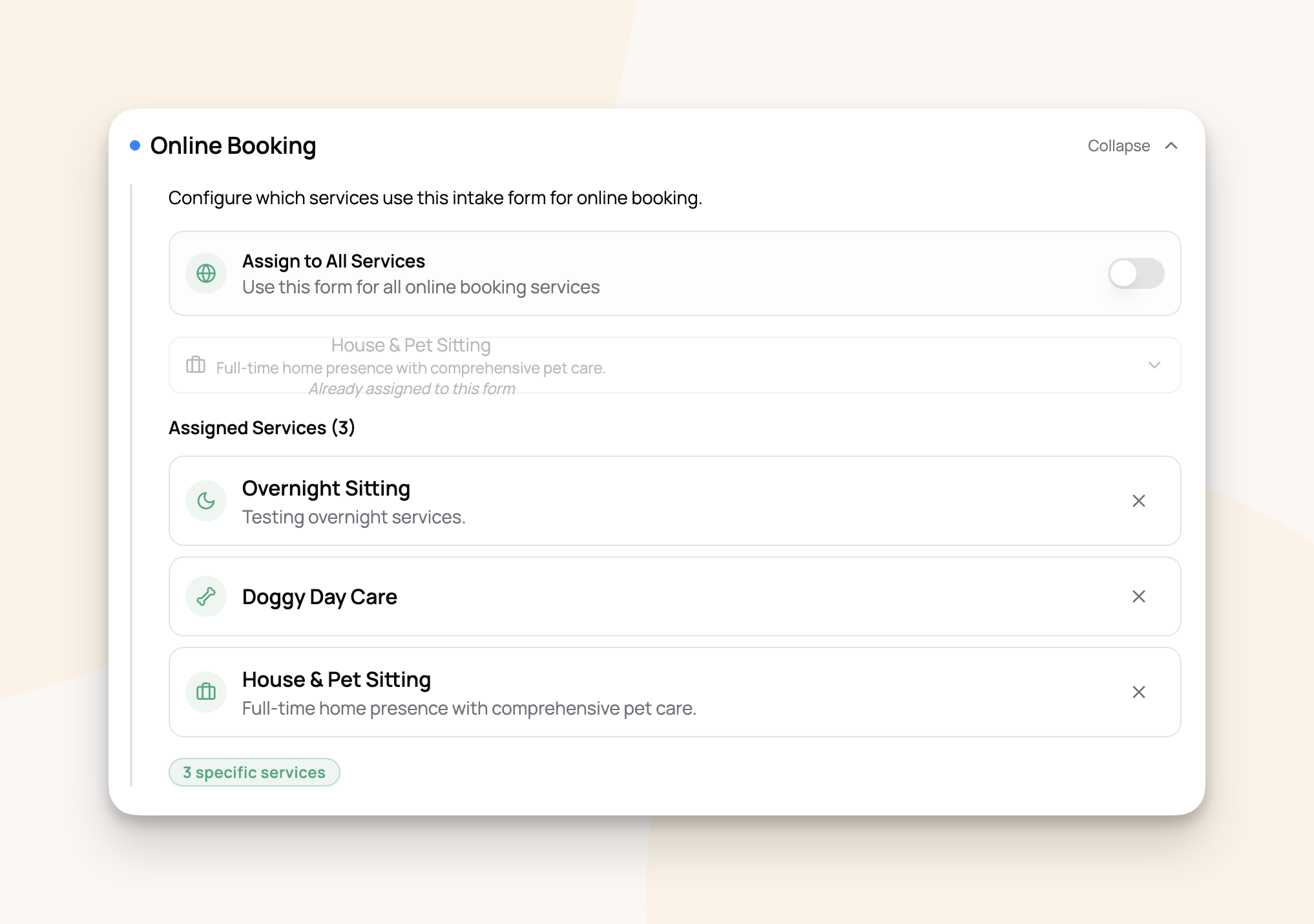 Assigning intake forms to specific services in online booking