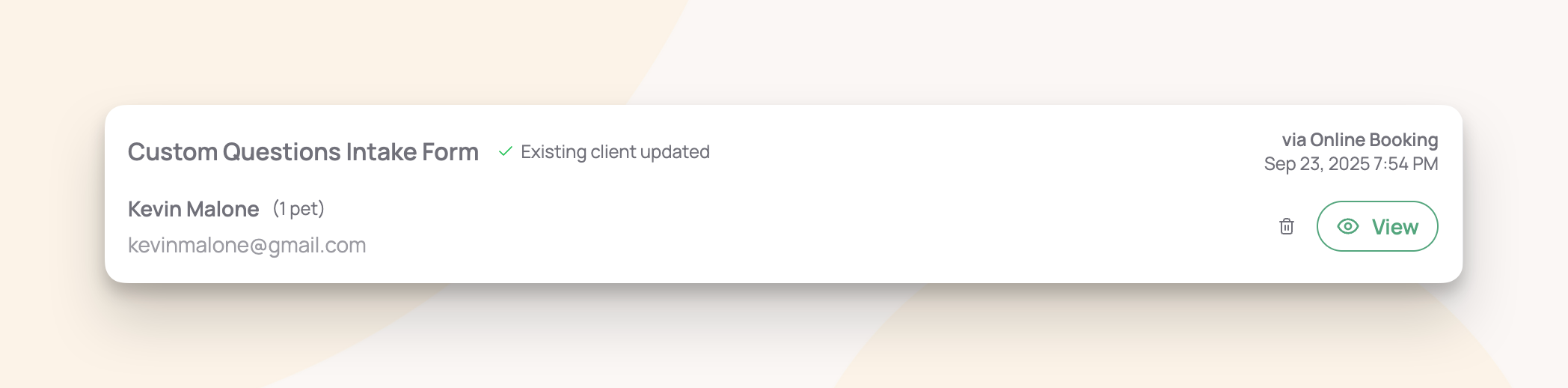 An intake form submission automatically processed via online booking