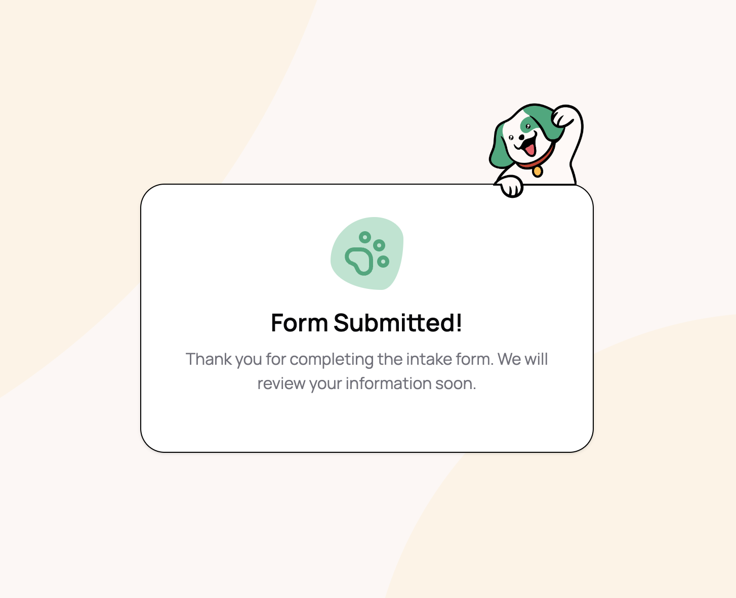 Intake form successfully submitted screen