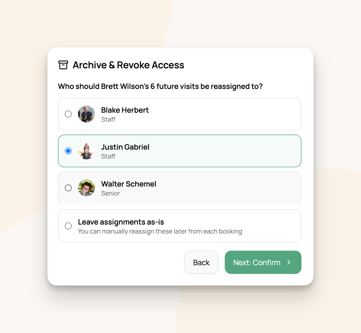 Reassigning visits to another staff member on archive
