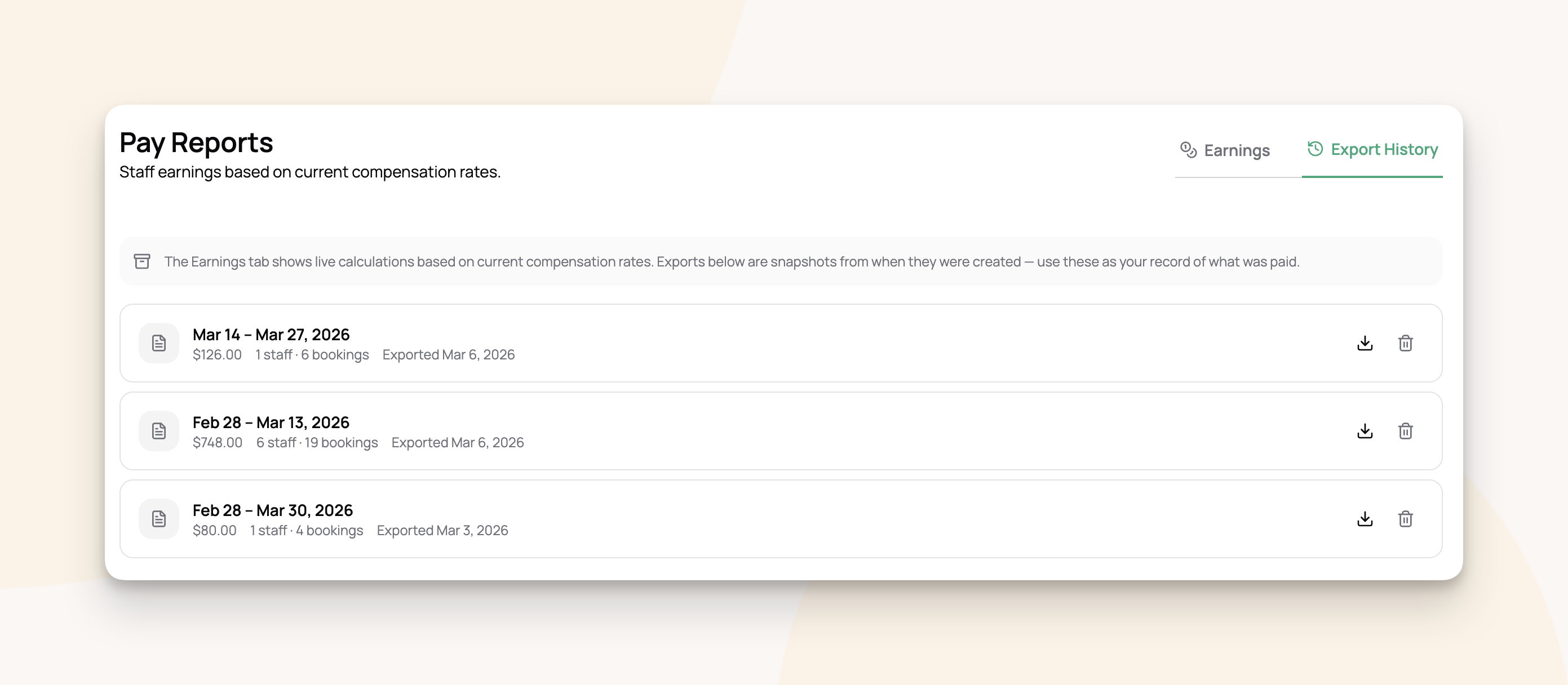 Pay report exports are snapshotted for historical record keeping