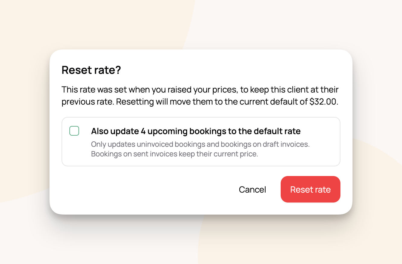 Resetting a custom rate and apply change to all upcoming bookings