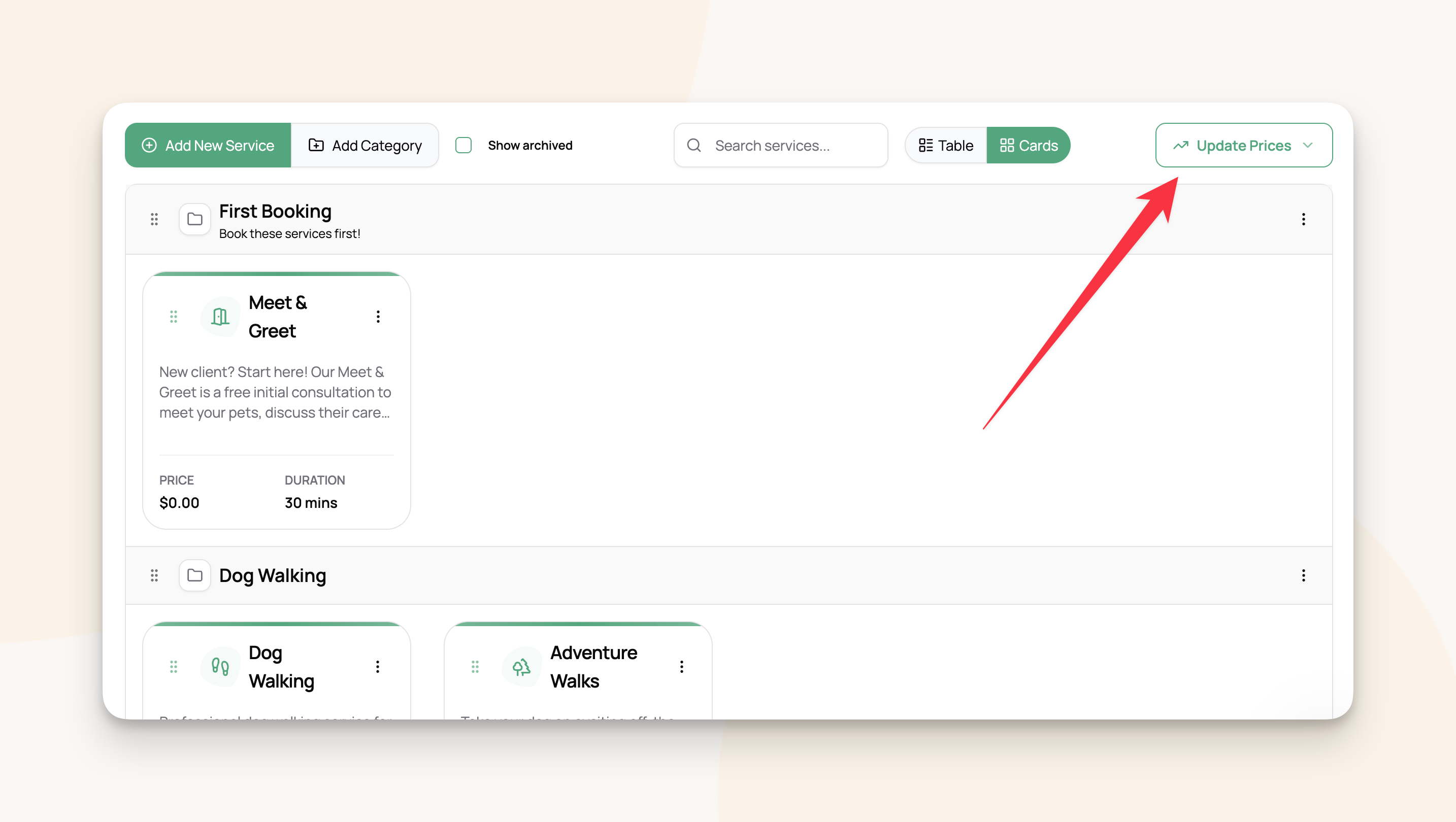 The update prices tool location in services