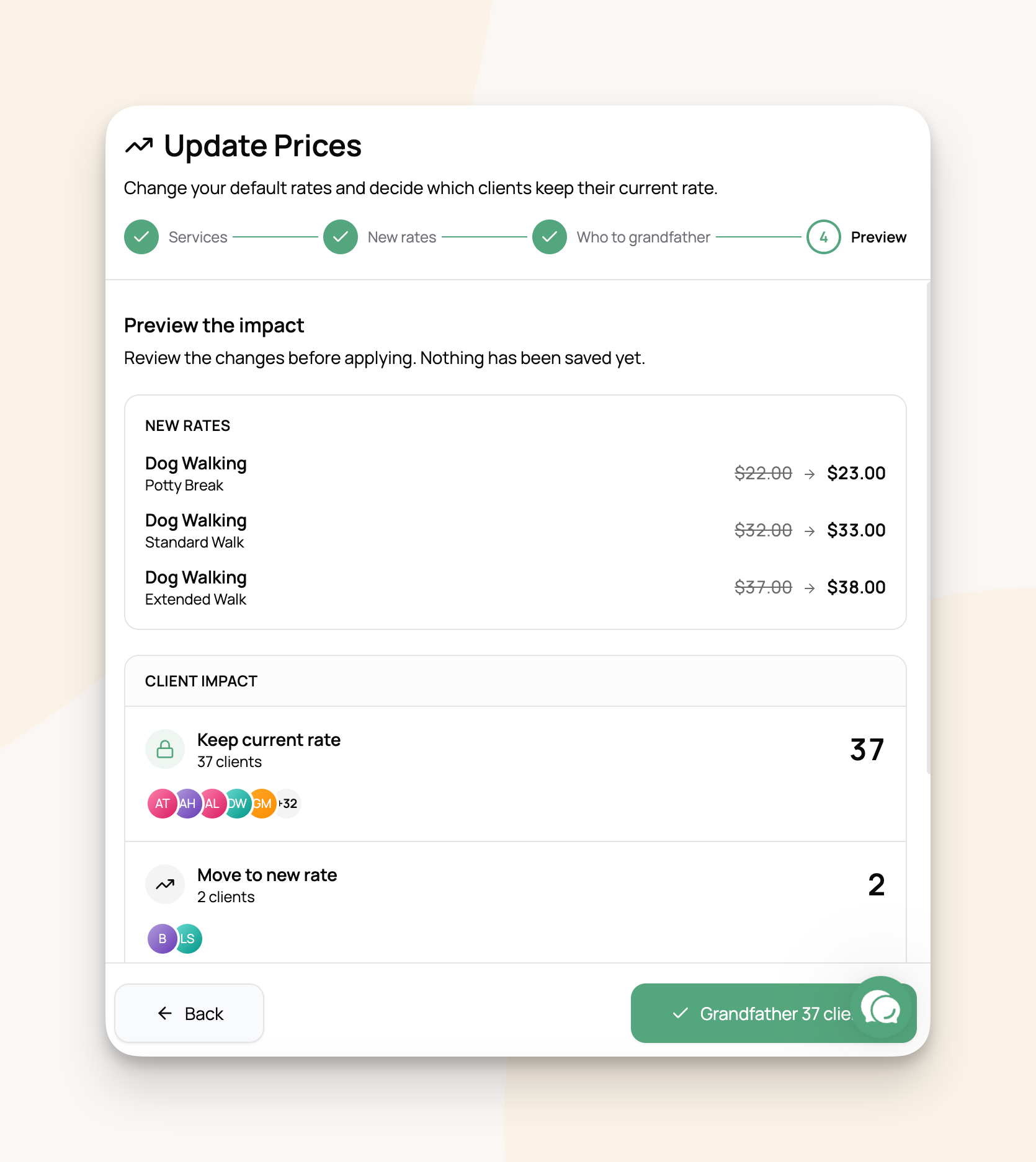 Previewing grandfather clients onto custom rates
