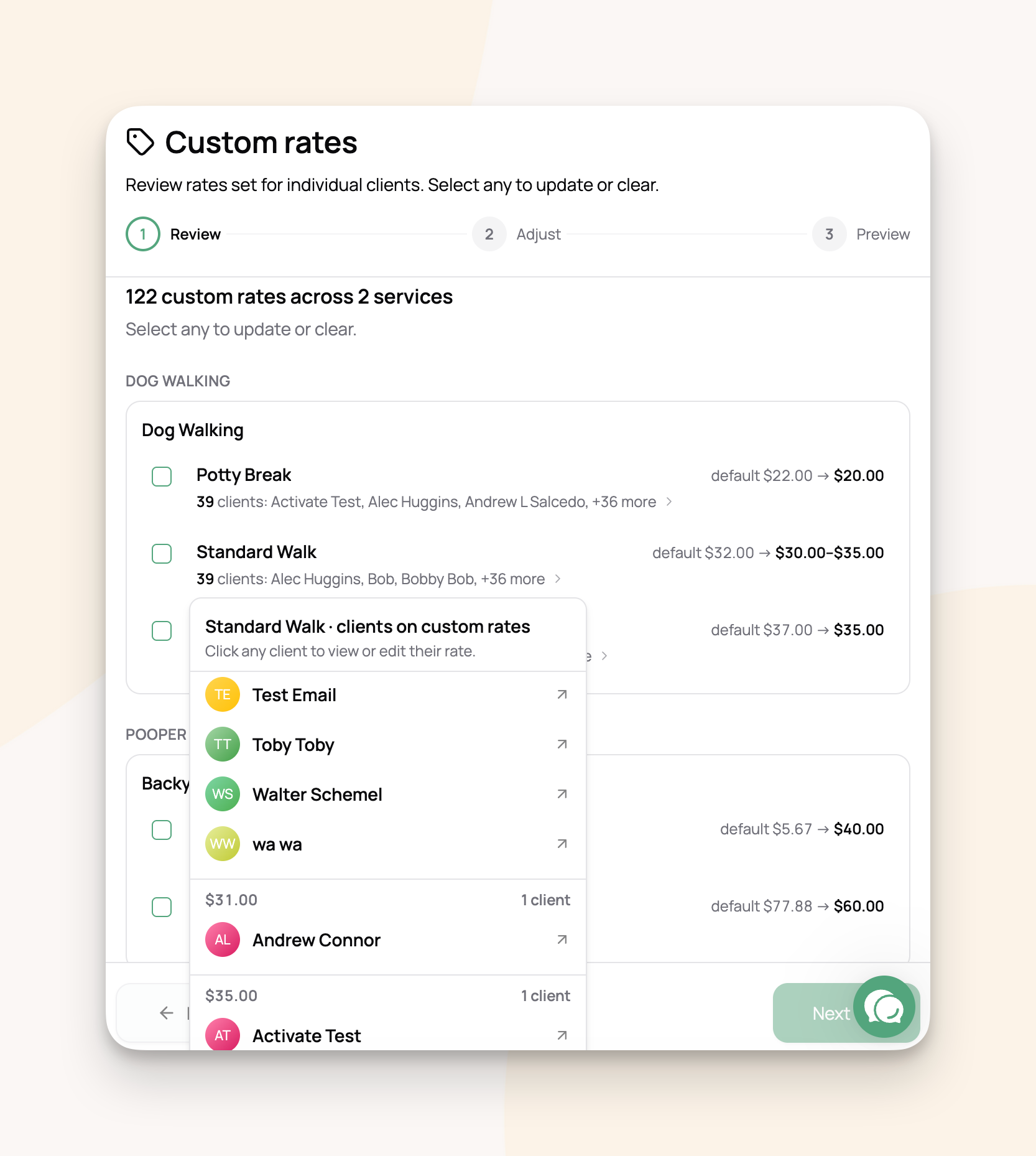 Previewing clients on existing custom client rates