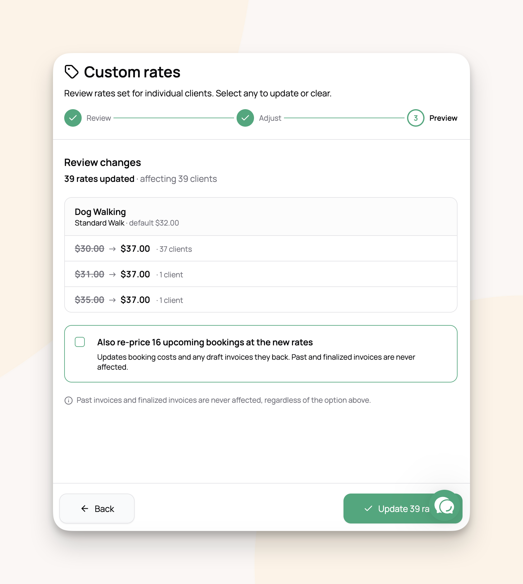 Previewing a bulk change of existing custom client rates