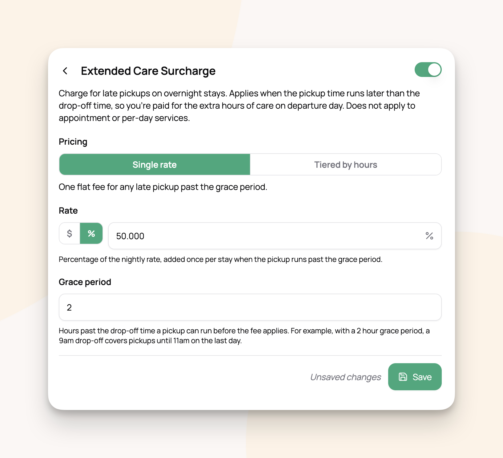 Extended care surcharge single rate example settings