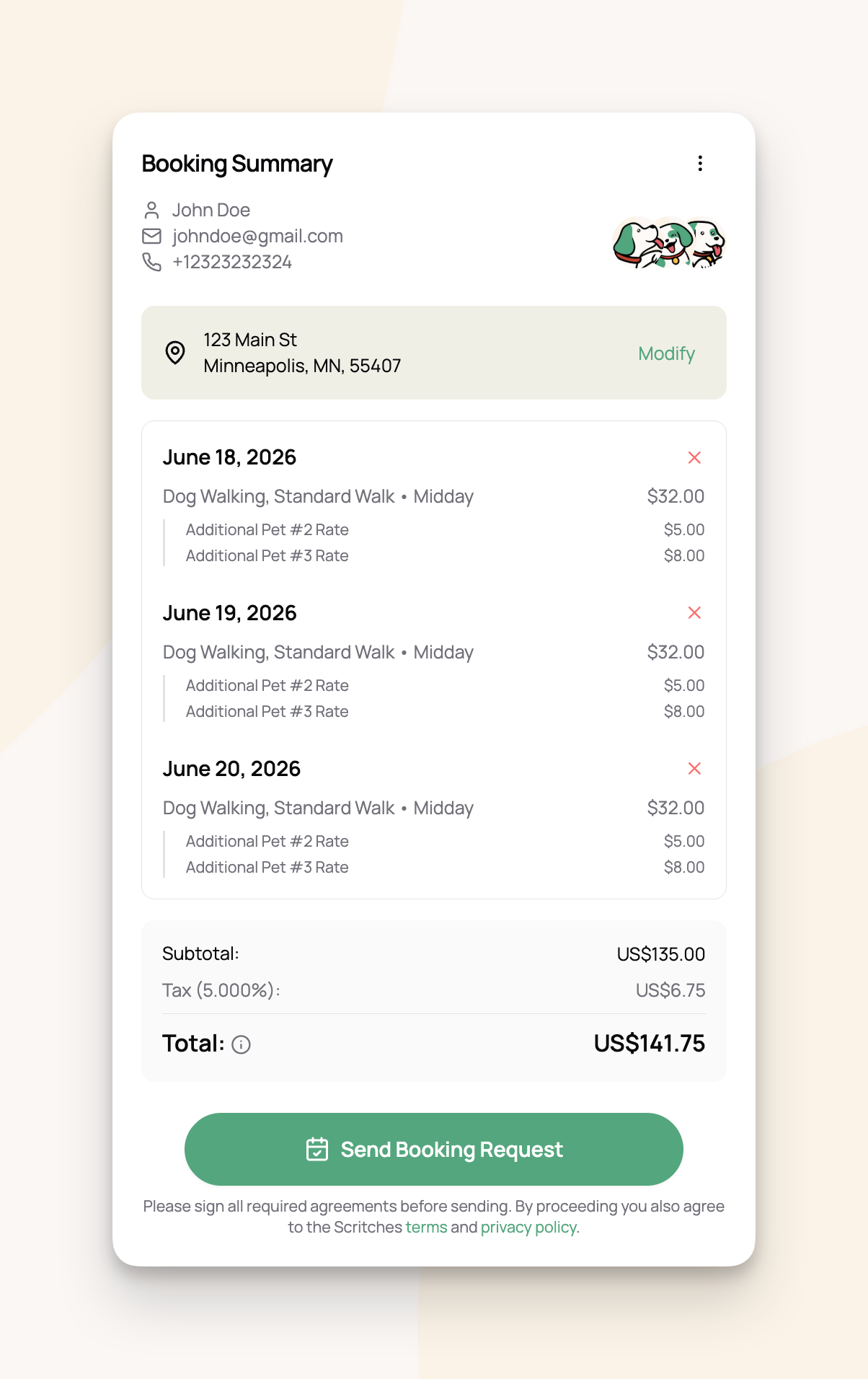 Booking summary for a booking with additional pet fees