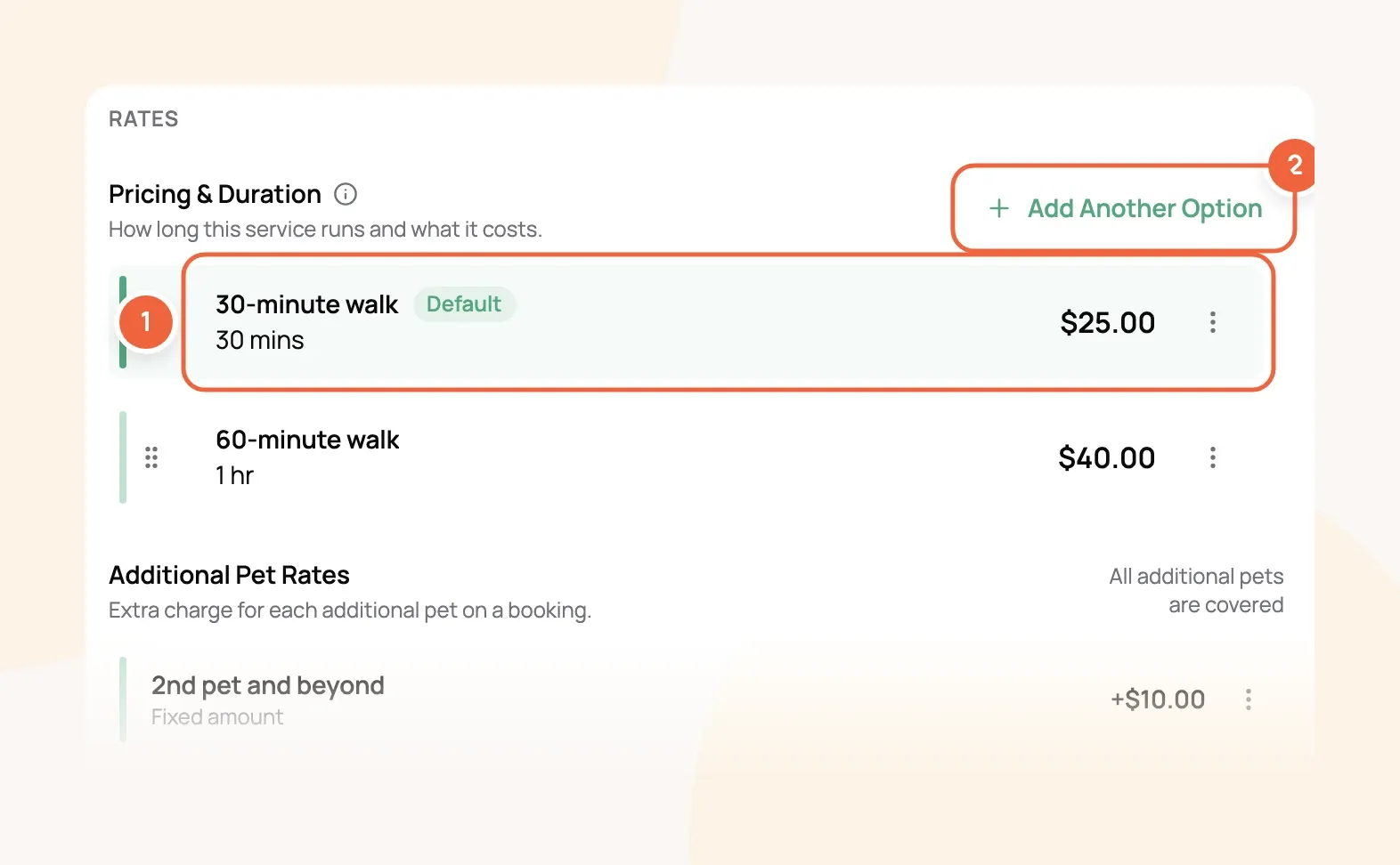 Dog Walking pricing options with the 30-minute walk marked 1 and Add Another Option marked 2