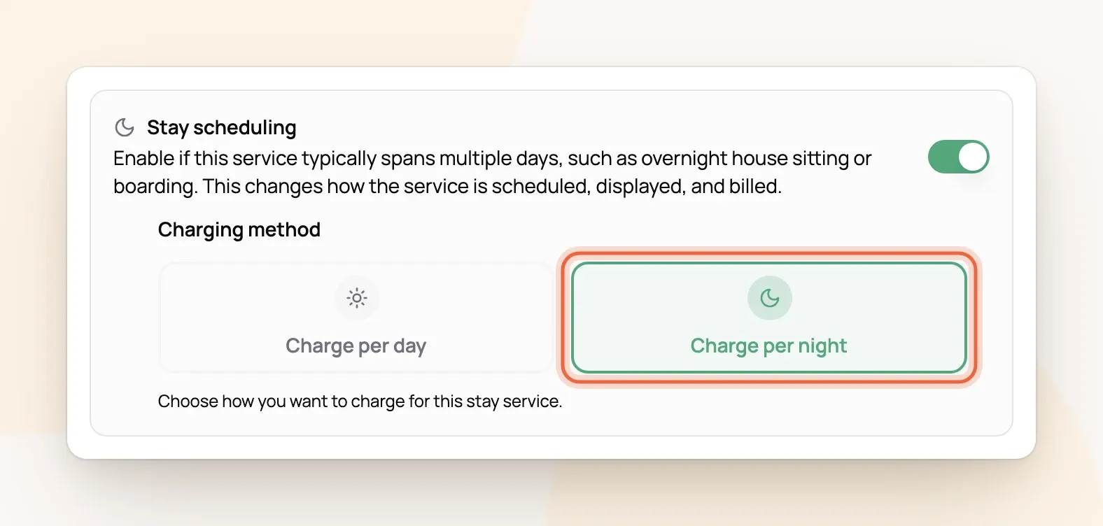 Overnight Pet Sitting settings with Stay scheduling on and Charge per night selected