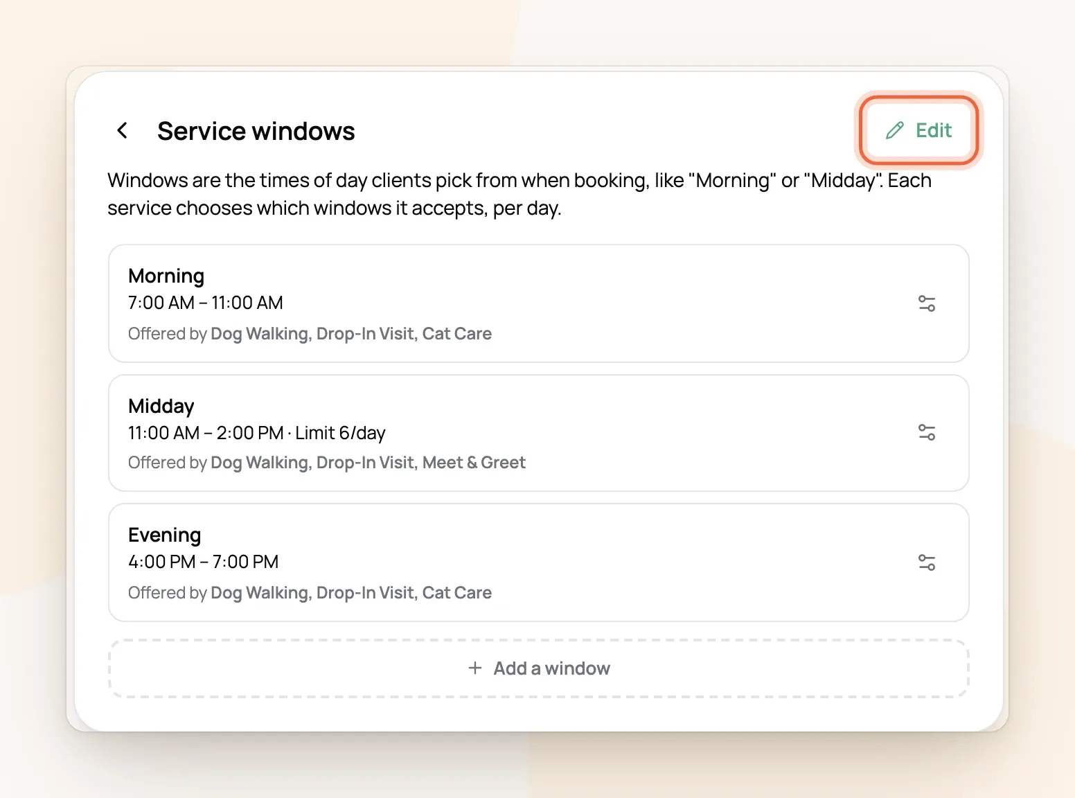 Service windows list showing Morning, Midday and Evening with the Edit button marked
