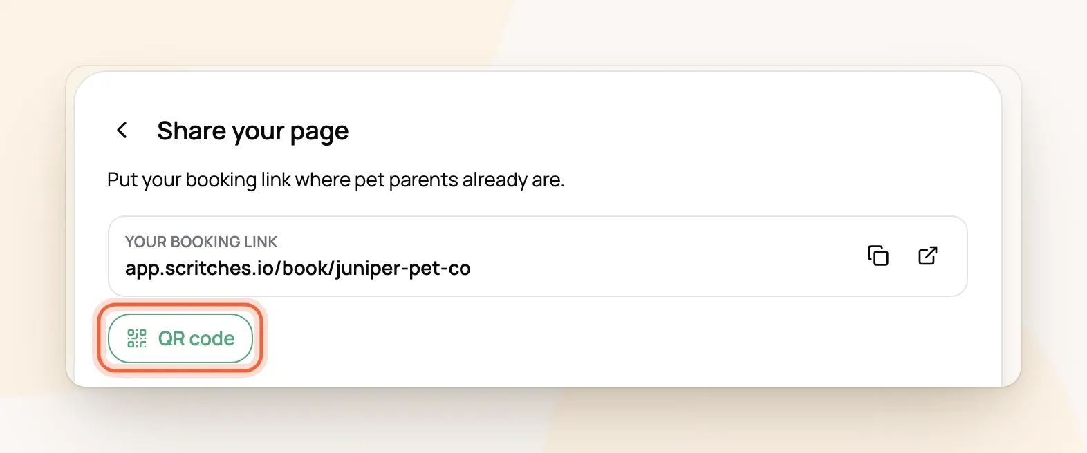 Share your page with the booking link and QR code button