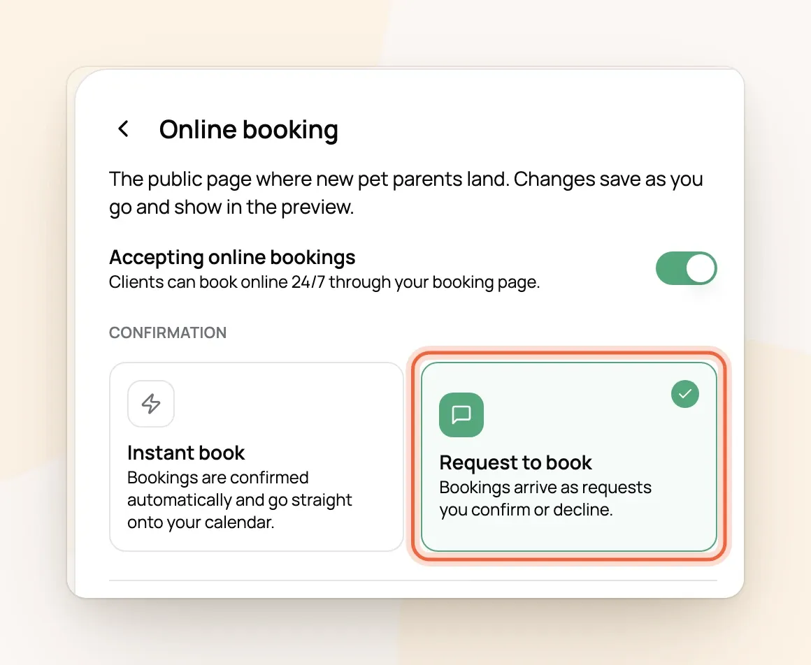 Online booking settings with Accepting online bookings on and the Request to book option marked