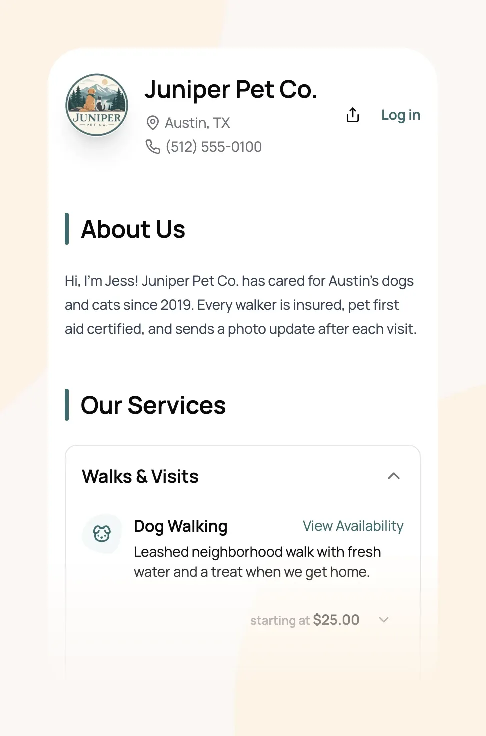 Juniper Pet Co. booking page on a phone with the logo, an About Us section and the Walks and Visits services