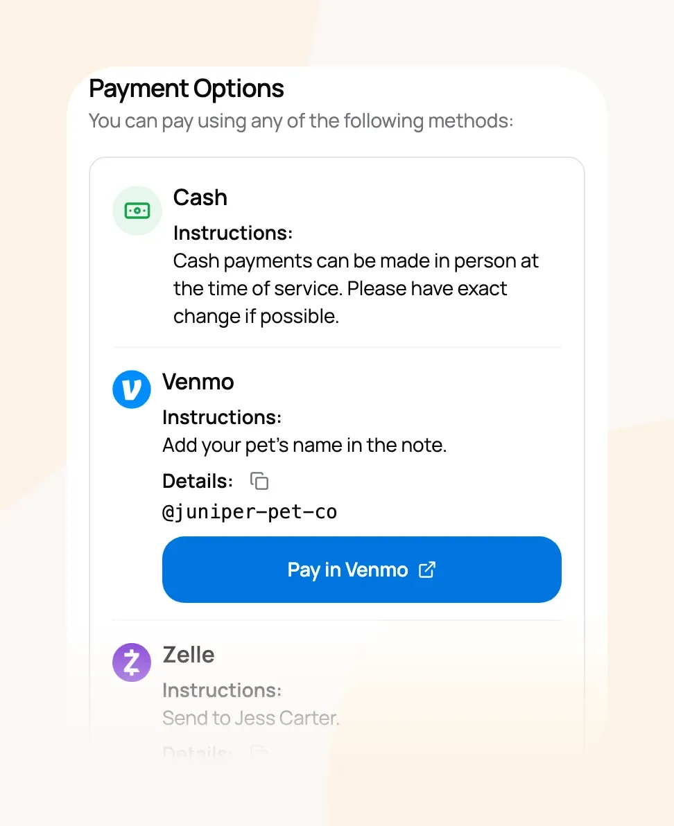 A client's invoice on a phone showing Cash and Venmo payment options with a Pay in Venmo button