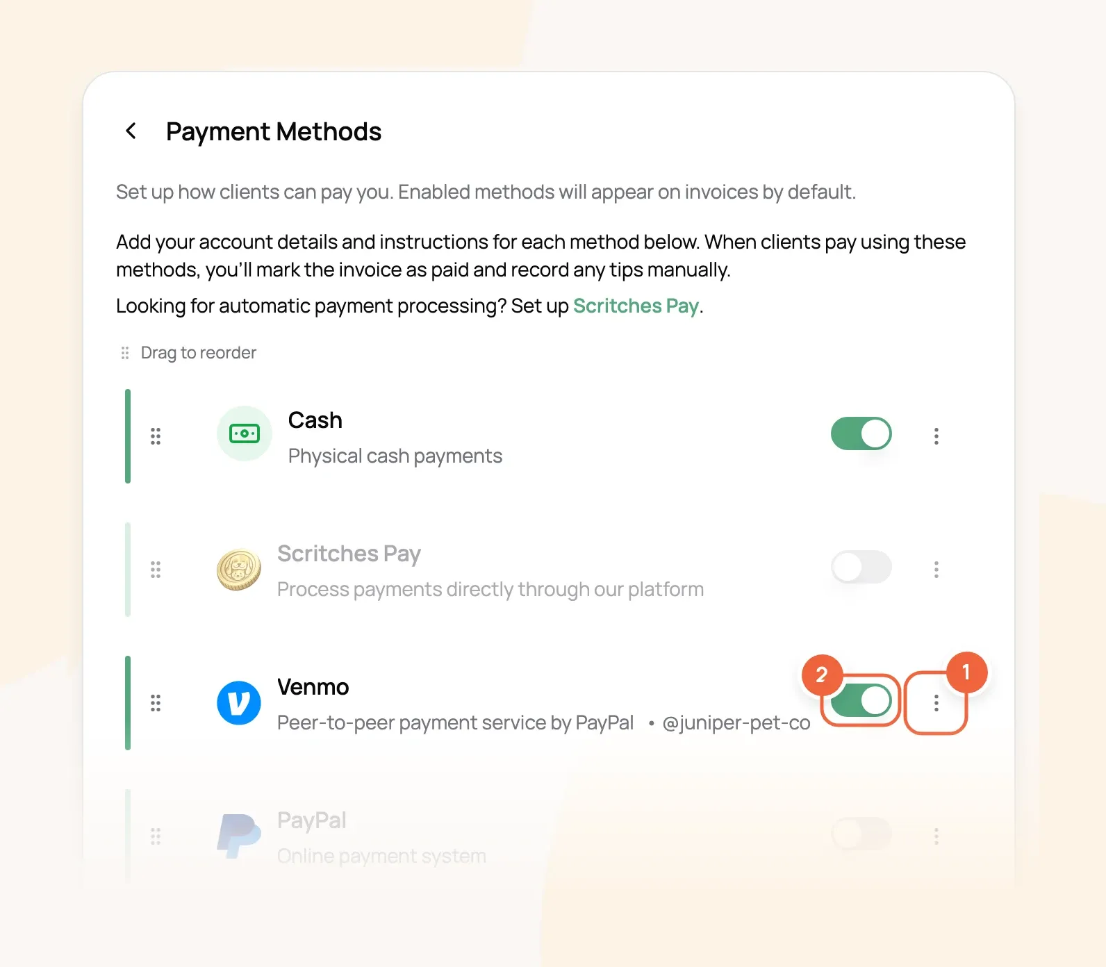 Payment Methods list with Venmo's menu marked 1 and its switch marked 2