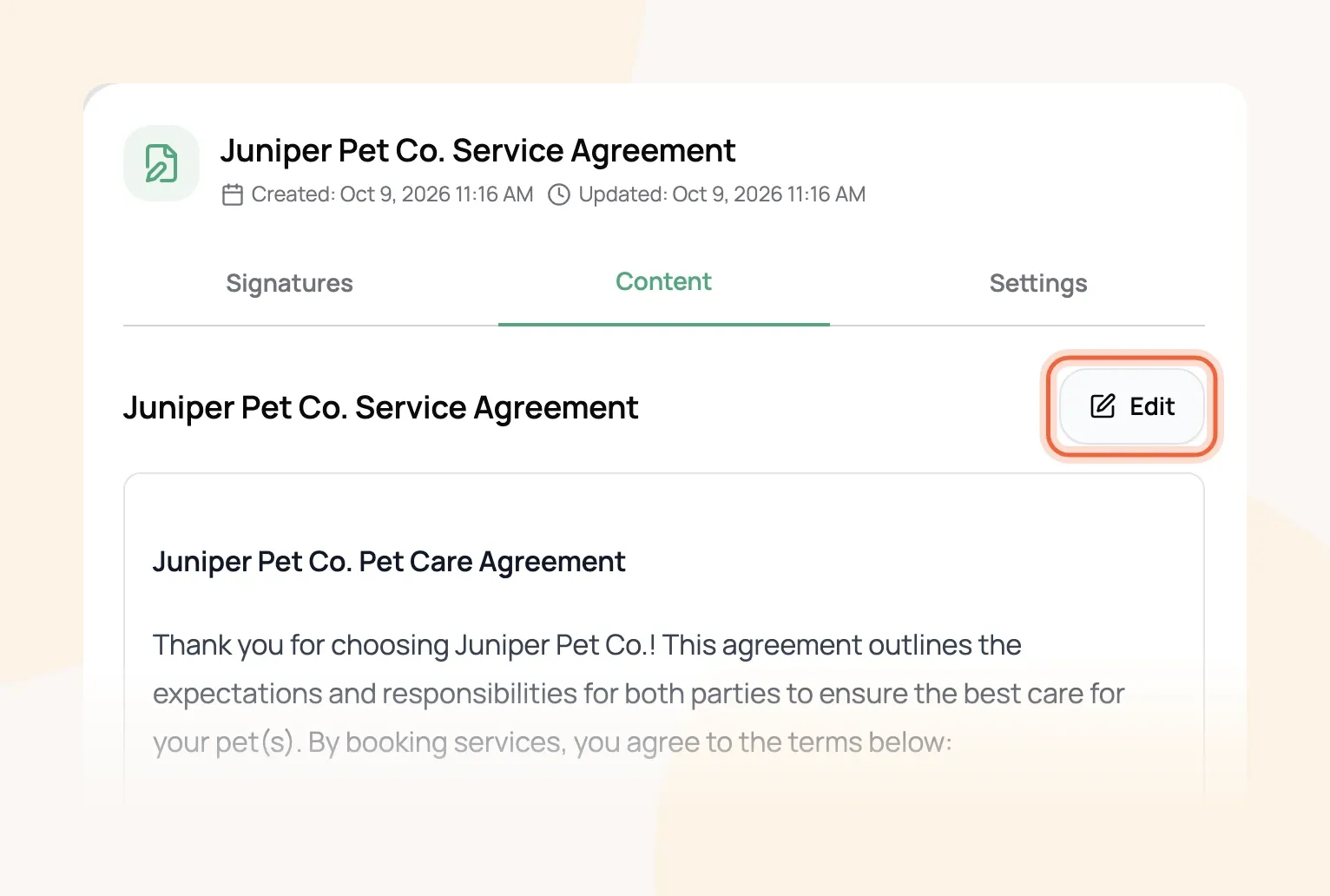 The Juniper Pet Co. Service Agreement open on its Content tab with the Edit button marked
