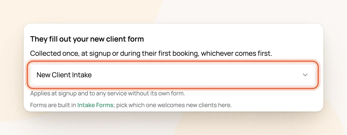 New clients settings with New Client Intake chosen as the new client form