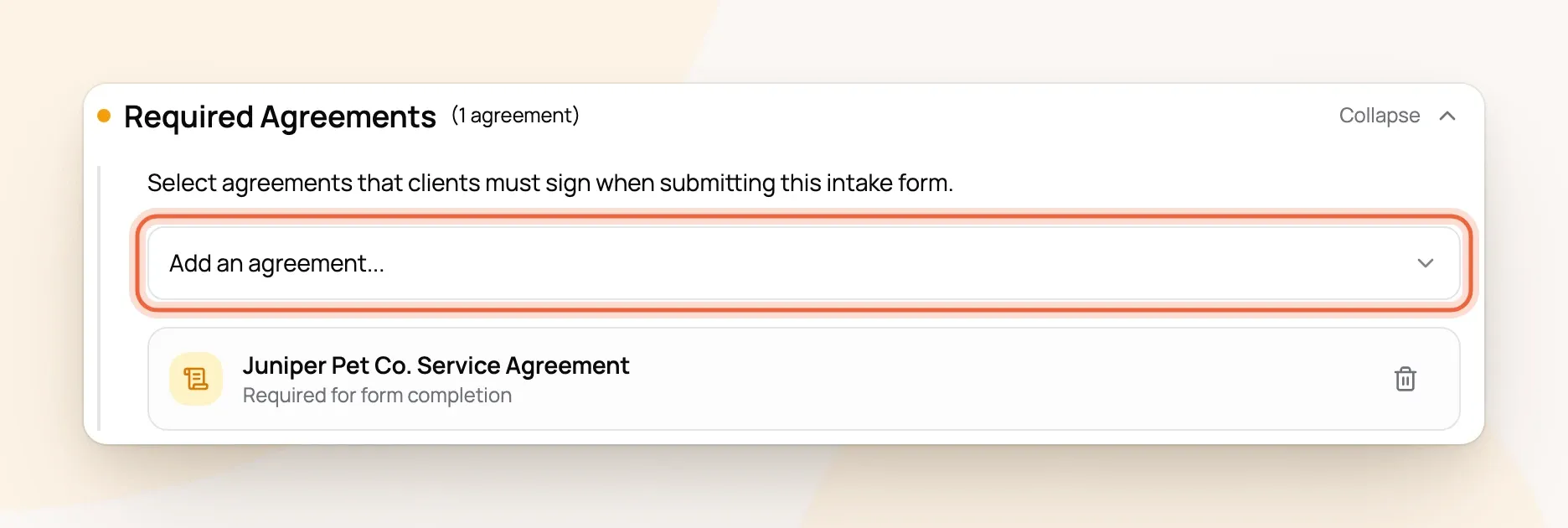 Required Agreements section of the New Client Intake form with Add an agreement marked and the service agreement attached