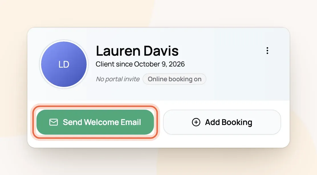 Lauren Davis's profile showing No portal invite with the Send Welcome Email button marked
