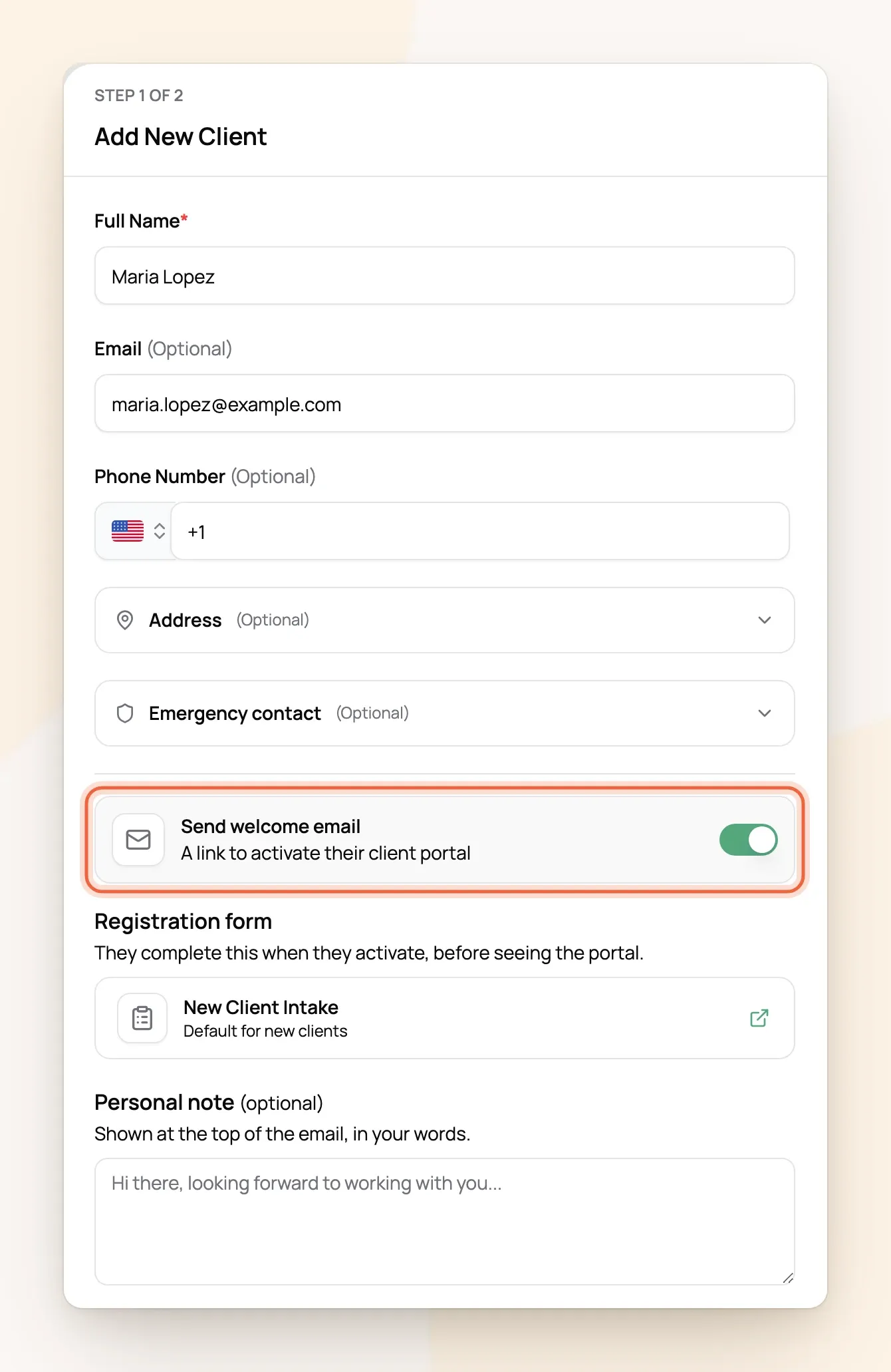 Add New Client form filled in for Maria Lopez with Send welcome email turned on and New Client Intake as the registration form