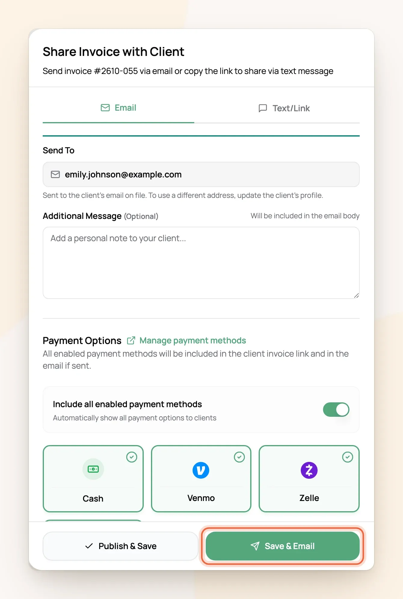 Share Invoice with Client panel with the Email tab, payment options and the Save and Email button