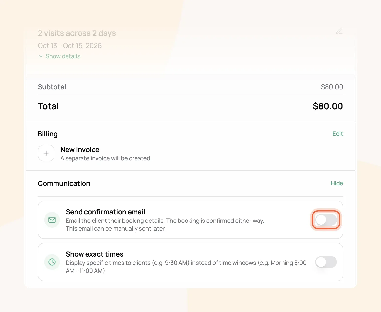 Review and Confirm step for Emily Johnson's two walks totaling $80.00 with the Send confirmation email switch marked