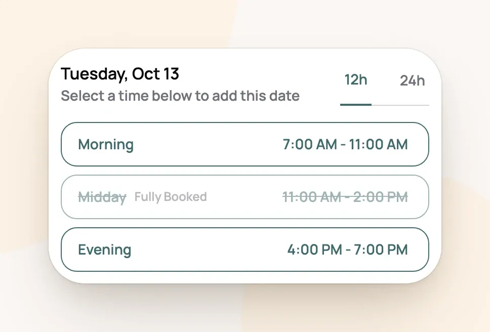 Booking page on a phone showing Tuesday's windows: Morning 7 to 11, Midday fully booked, and Evening 4 to 7