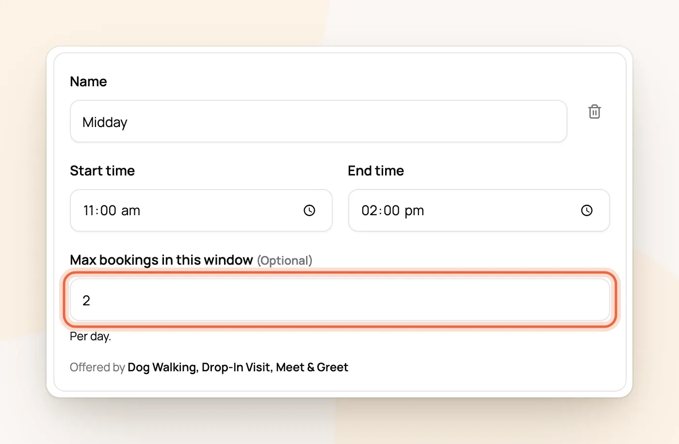 Service windows editor with Midday's Max bookings in this window set to 2