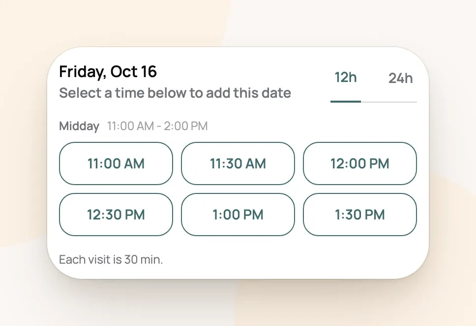 Booking page on a phone showing Midday start times from 11:00 AM to 1:30 PM for a 30-minute Meet and Greet