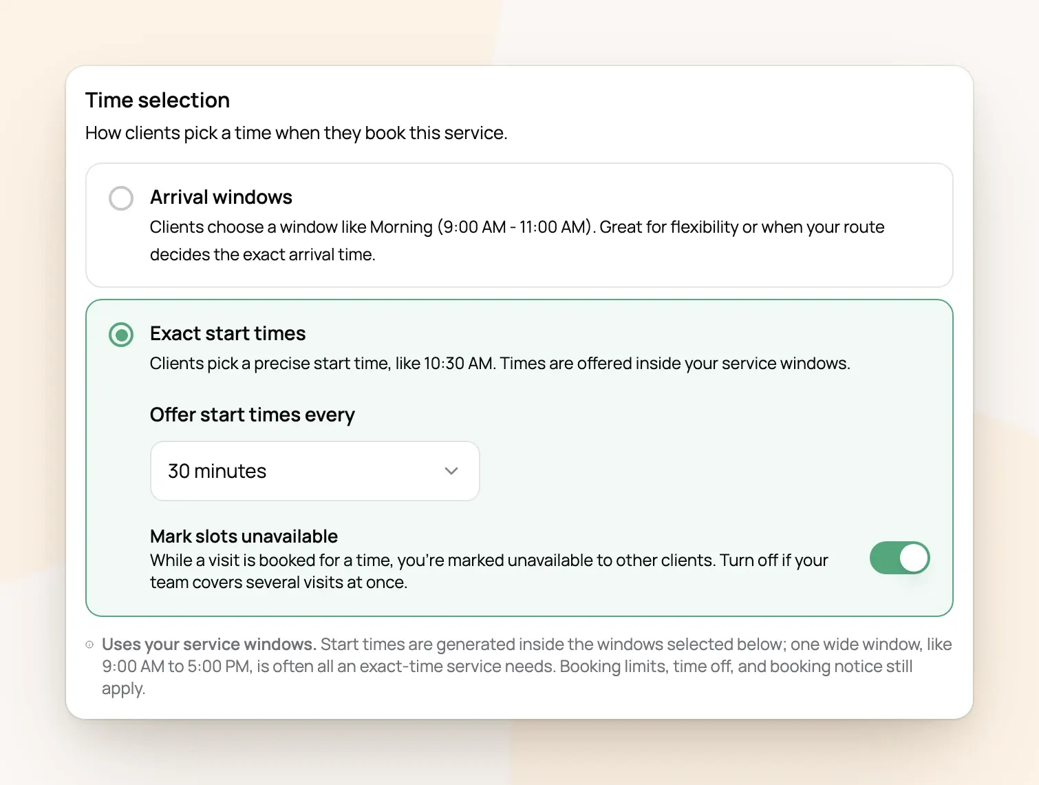Meet and Greet availability with Exact start times selected, start times every 30 minutes and Mark slots unavailable turned on