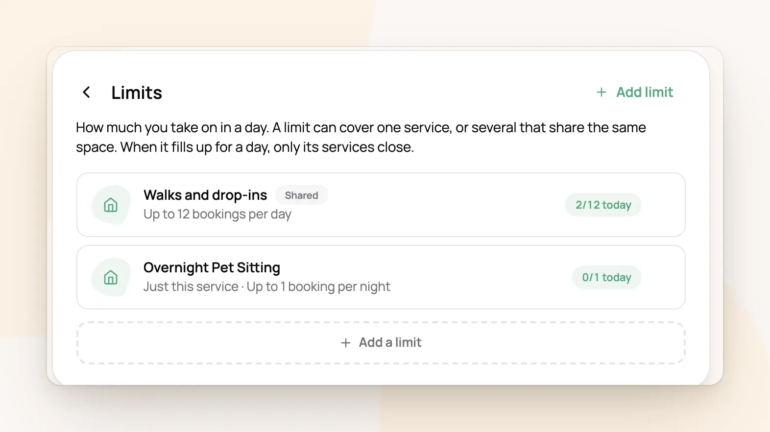 Limits list showing Walks and drop-ins up to 12 bookings per day with 2 of 12 today, and Overnight Pet Sitting up to 1 booking per night