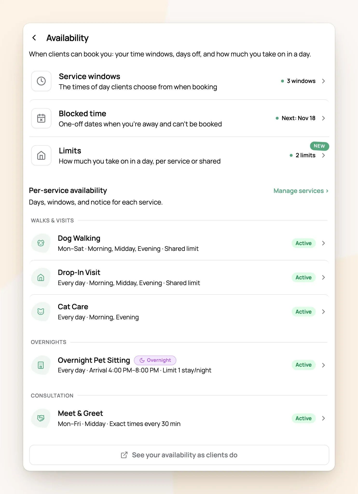 Per-service availability list with each service's days, windows and limit, like Dog Walking Mon to Sat with a shared limit