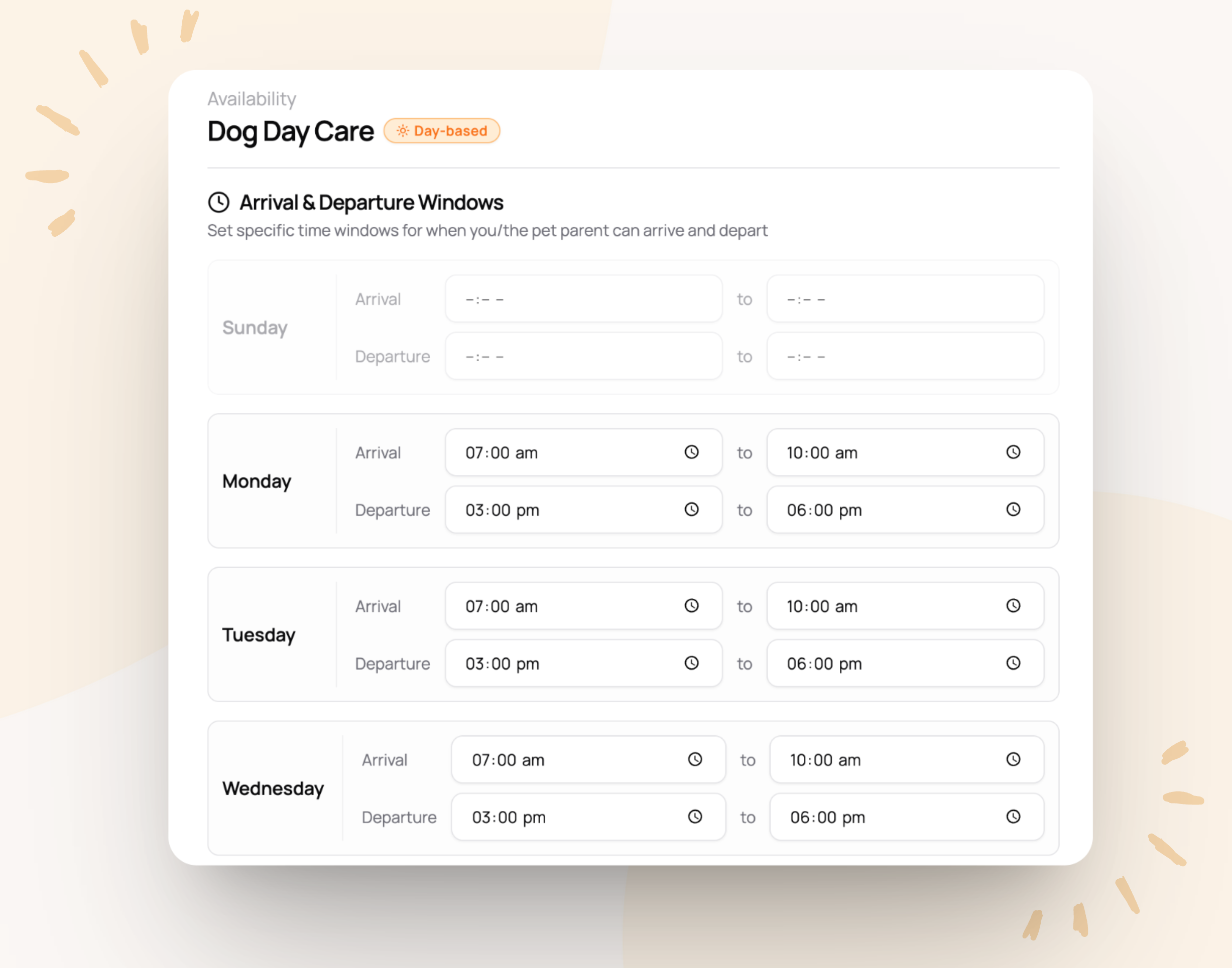 Arrival and departure windows availability settings