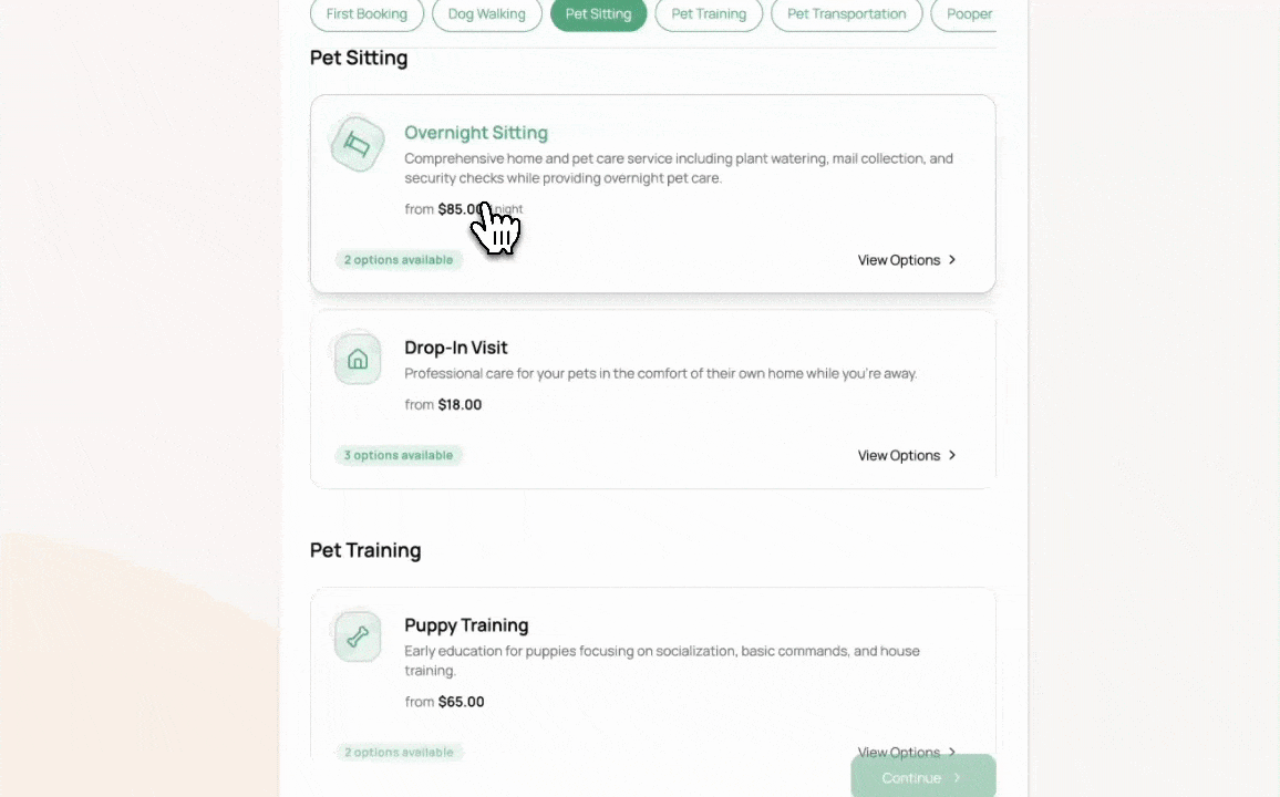 Client booking an overnight sitting service