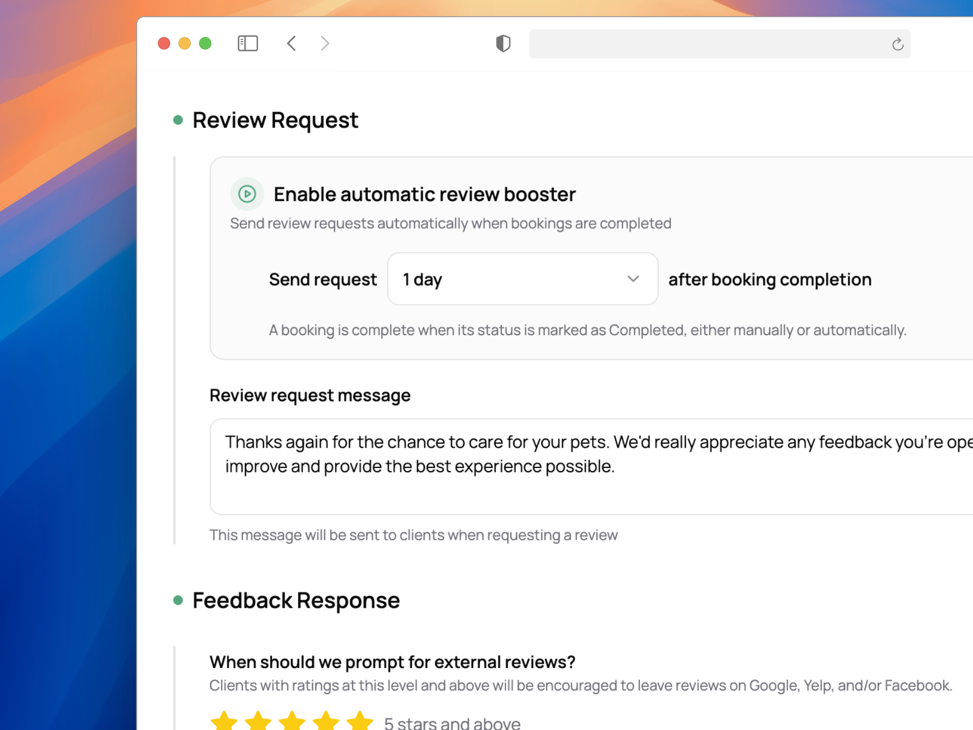 Review booster settings page