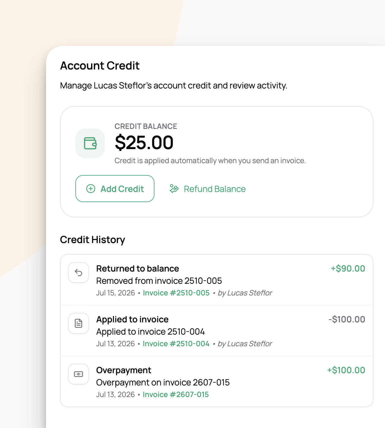 Log credits on a client account and track usage history